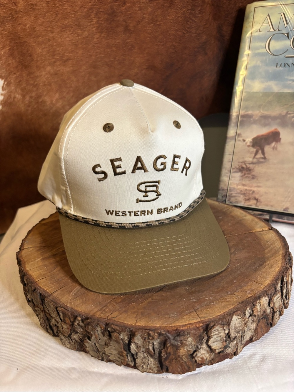 Seager Western Brand Rope Hat | Cream Olive Snapback Ranch Cowboy Cap 🤠